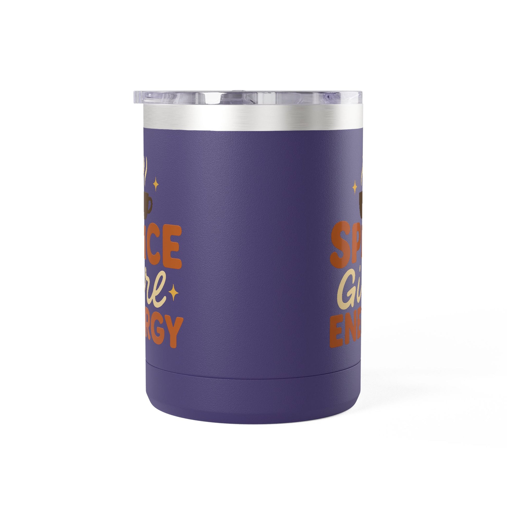 Dark purple insulated coffee mug with “Spice Girl Energy” text and steaming coffee design — retro fall mug for pumpkin spice lovers.