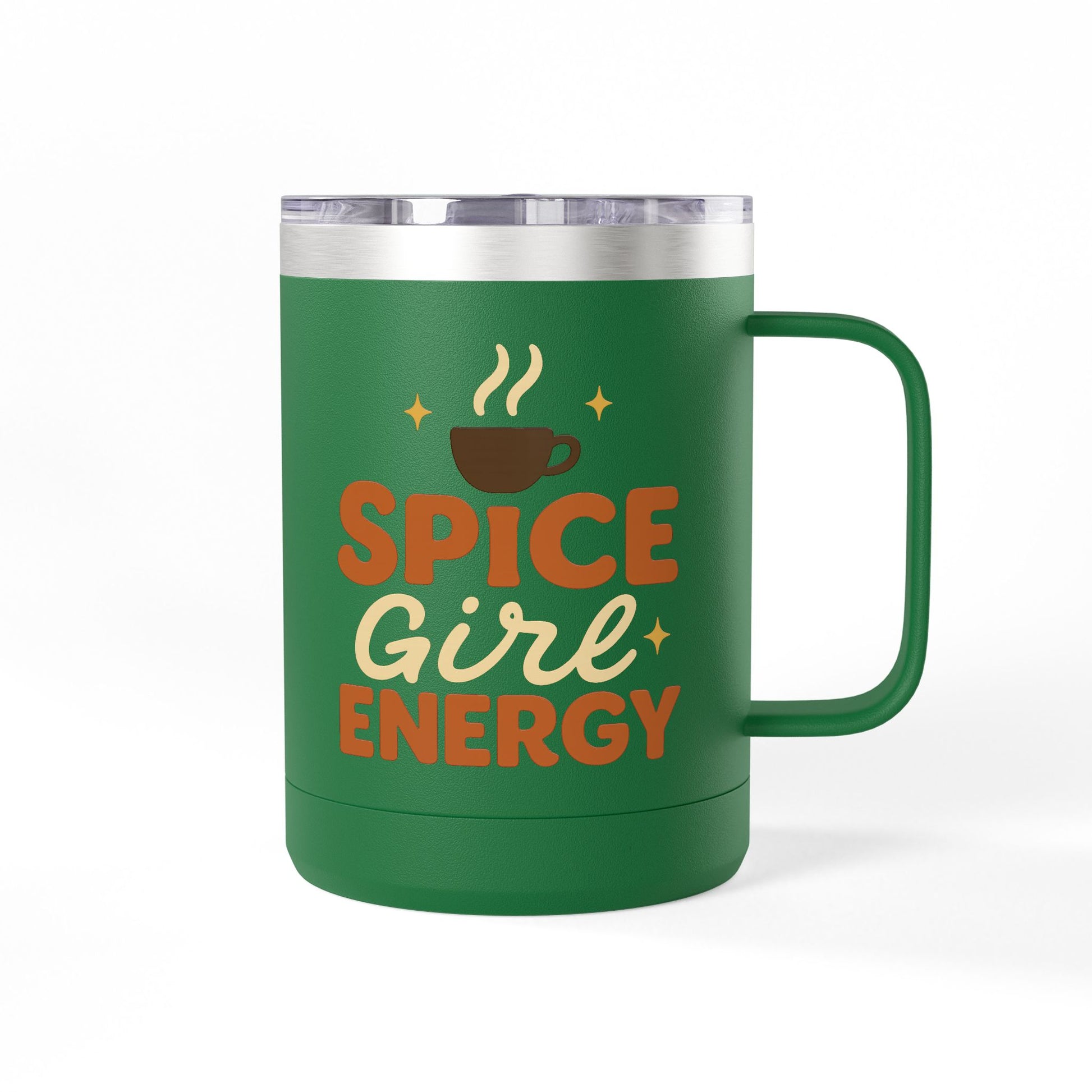Green insulated coffee mug with “Spice Girl Energy” text and steaming coffee design — stainless steel fall mug for cozy drinks.