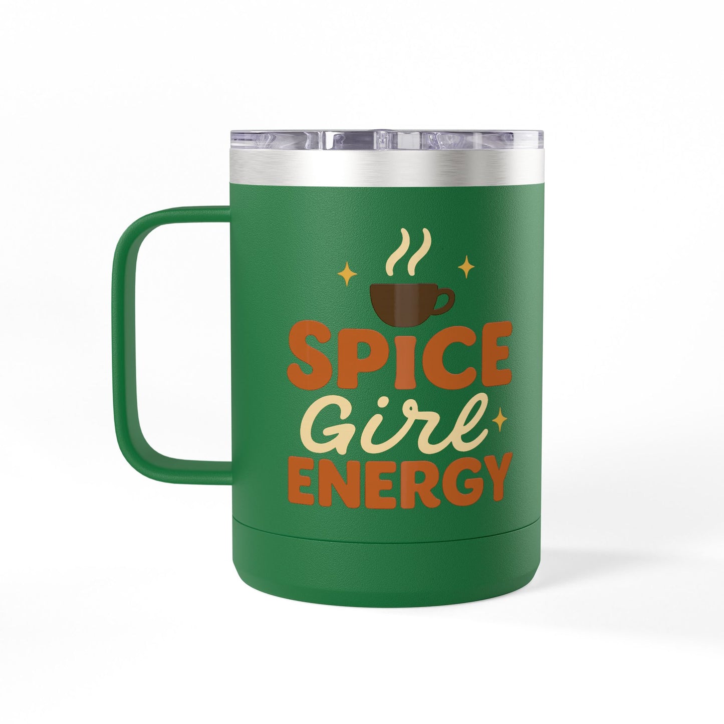 Front-facing green “Spice Girl Energy” insulated mug featuring coffee icon and vintage lettering — durable fall coffee mug.