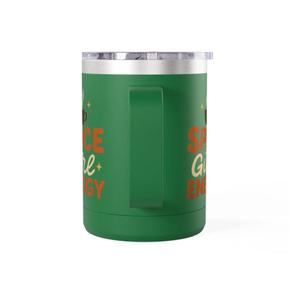 Side view of green “Spice Girl Energy” mug showing handle and retro typography — eco-friendly insulated mug for daily use.