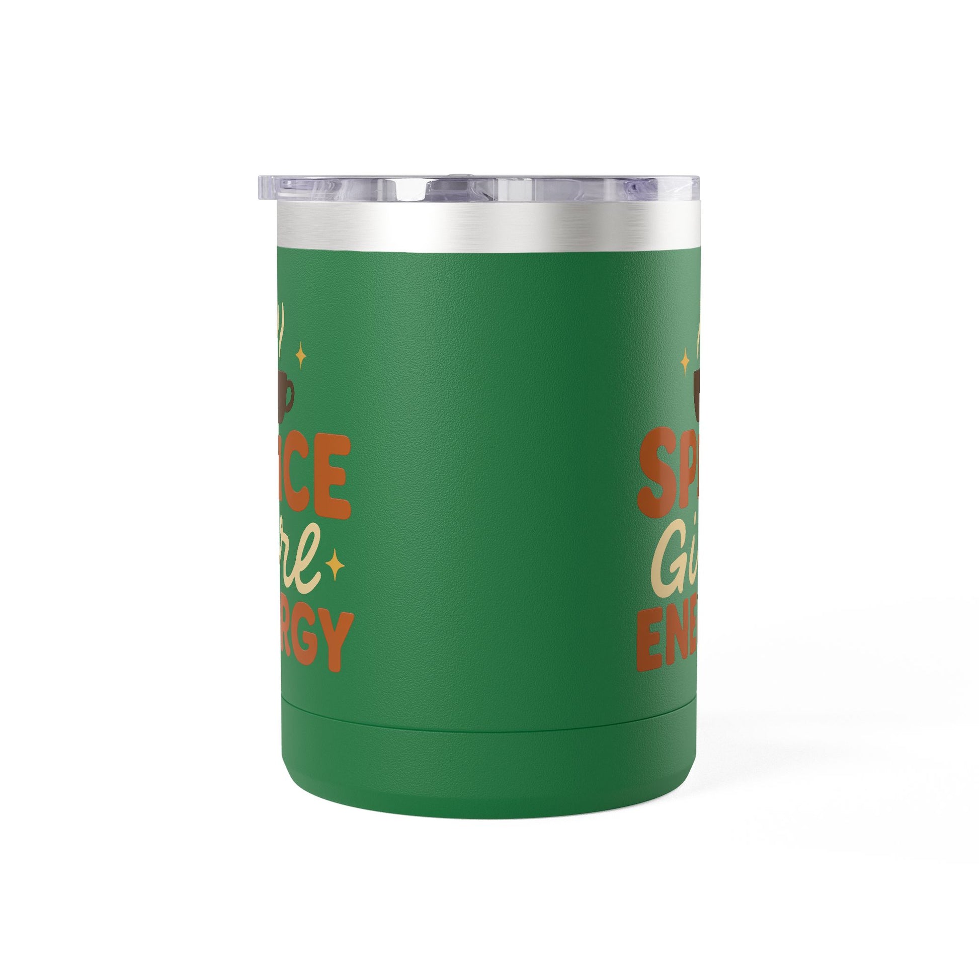 Green insulated coffee mug with “Spice Girl Energy” text and steaming coffee design — stainless steel fall mug for cozy drinks.