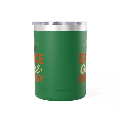 Green insulated coffee mug with “Spice Girl Energy” text and steaming coffee design — stainless steel fall mug for cozy drinks.