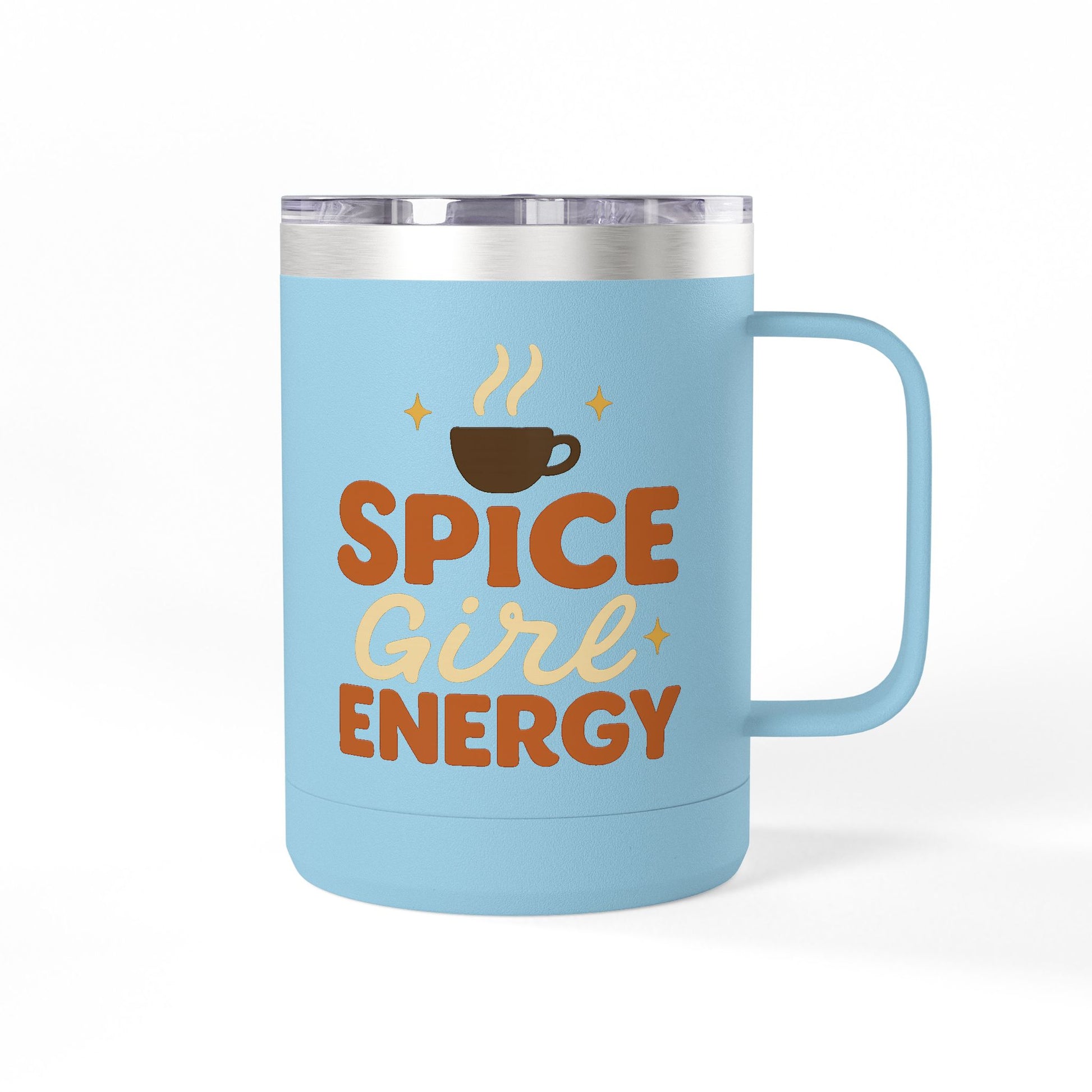 Light blue insulated coffee mug with “Spice Girl Energy” retro design and steaming coffee art — cute pastel drinkware for fall.