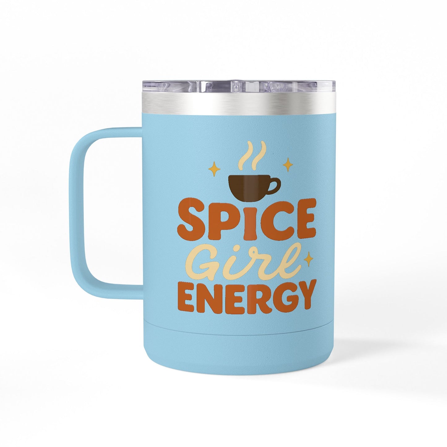 Front-facing light blue “Spice Girl Energy” insulated mug with coffee design — stainless steel travel mug for hot or cold drinks.
