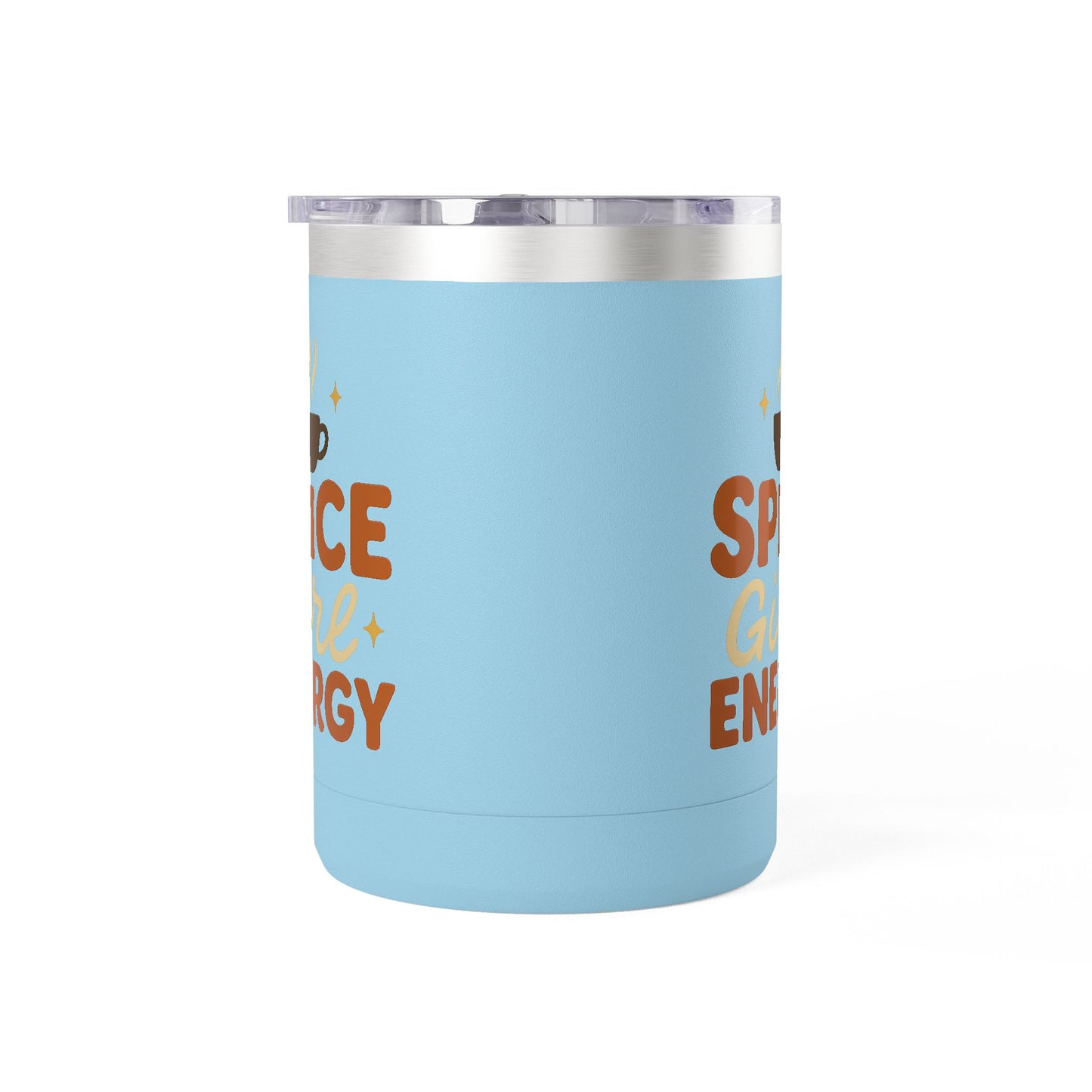 Light blue insulated coffee mug with “Spice Girl Energy” retro design and steaming coffee art — cute pastel drinkware for fall.