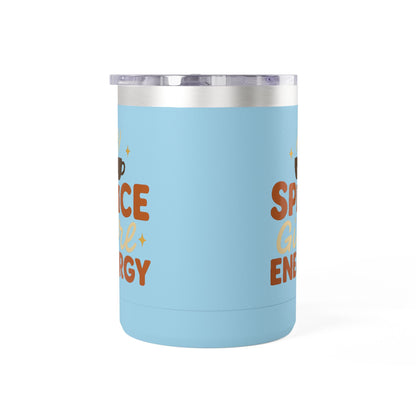 Light blue insulated coffee mug with “Spice Girl Energy” retro design and steaming coffee art — cute pastel drinkware for fall.