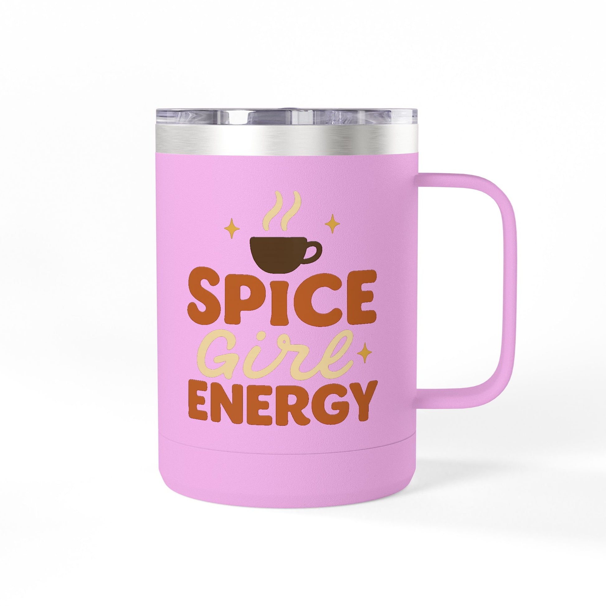 Light purple insulated mug with “Spice Girl Energy” retro text and coffee-cup design — cute fall drinkware for coffee enthusiasts.