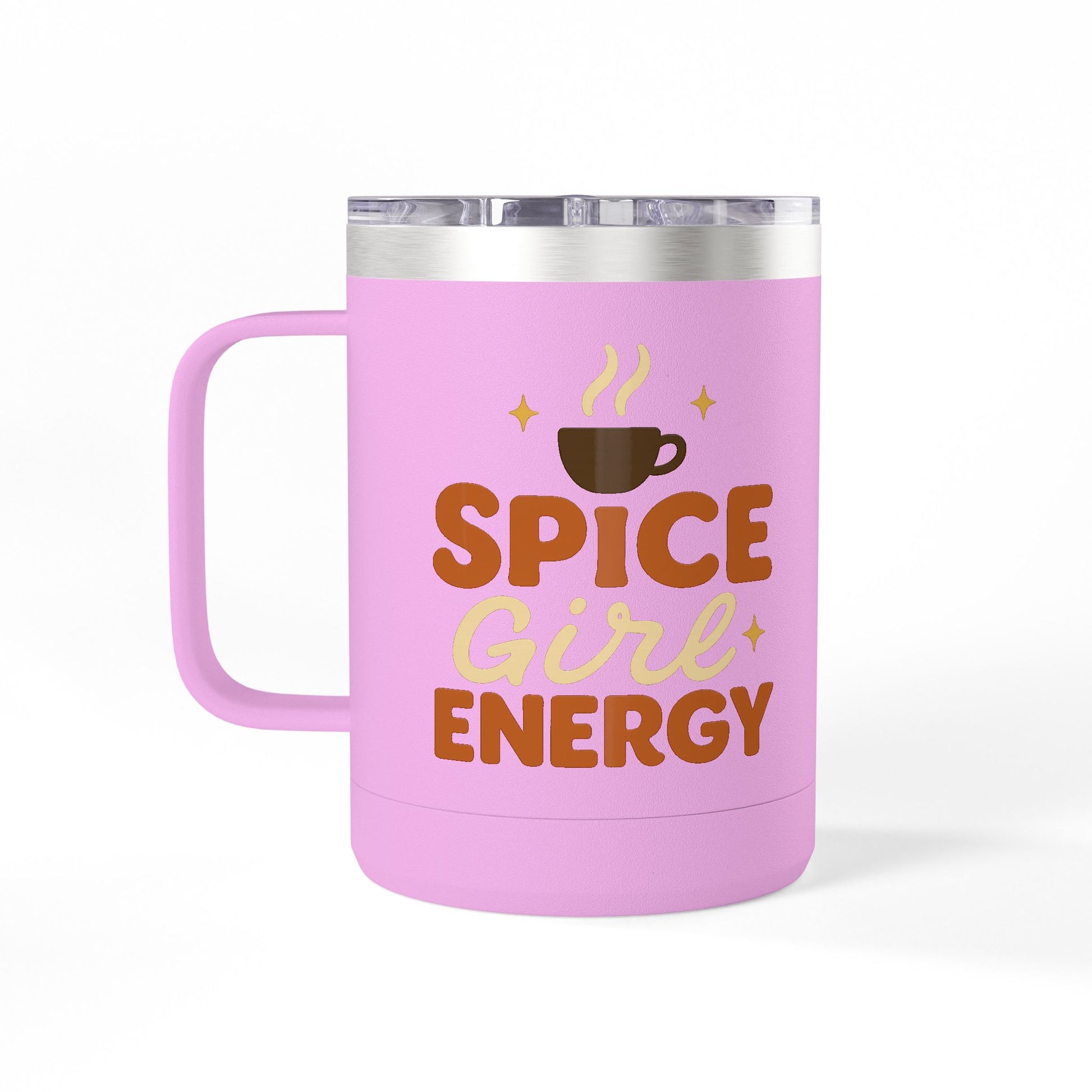 Front view of mauve “Spice Girl Energy” insulated coffee mug with bold lettering — perfect cozy fall beverage cup.