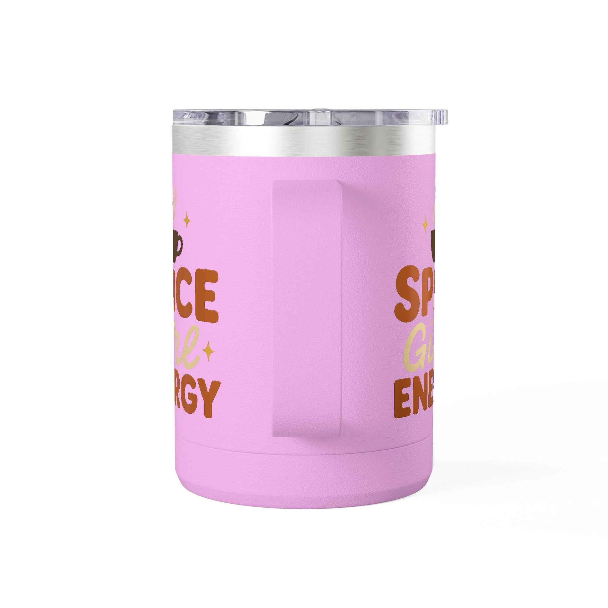 Side angle of light purple “Spice Girl Energy” mug showing curved handle and partial design — cozy stainless-steel insulated mug.