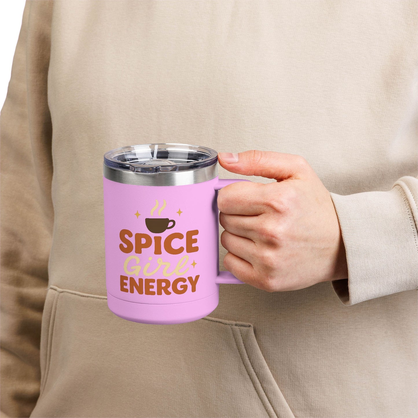 Person holding light purple “Spice Girl Energy” mug — durable insulated coffee cup for home, work, or on-the-go fall mornings.
