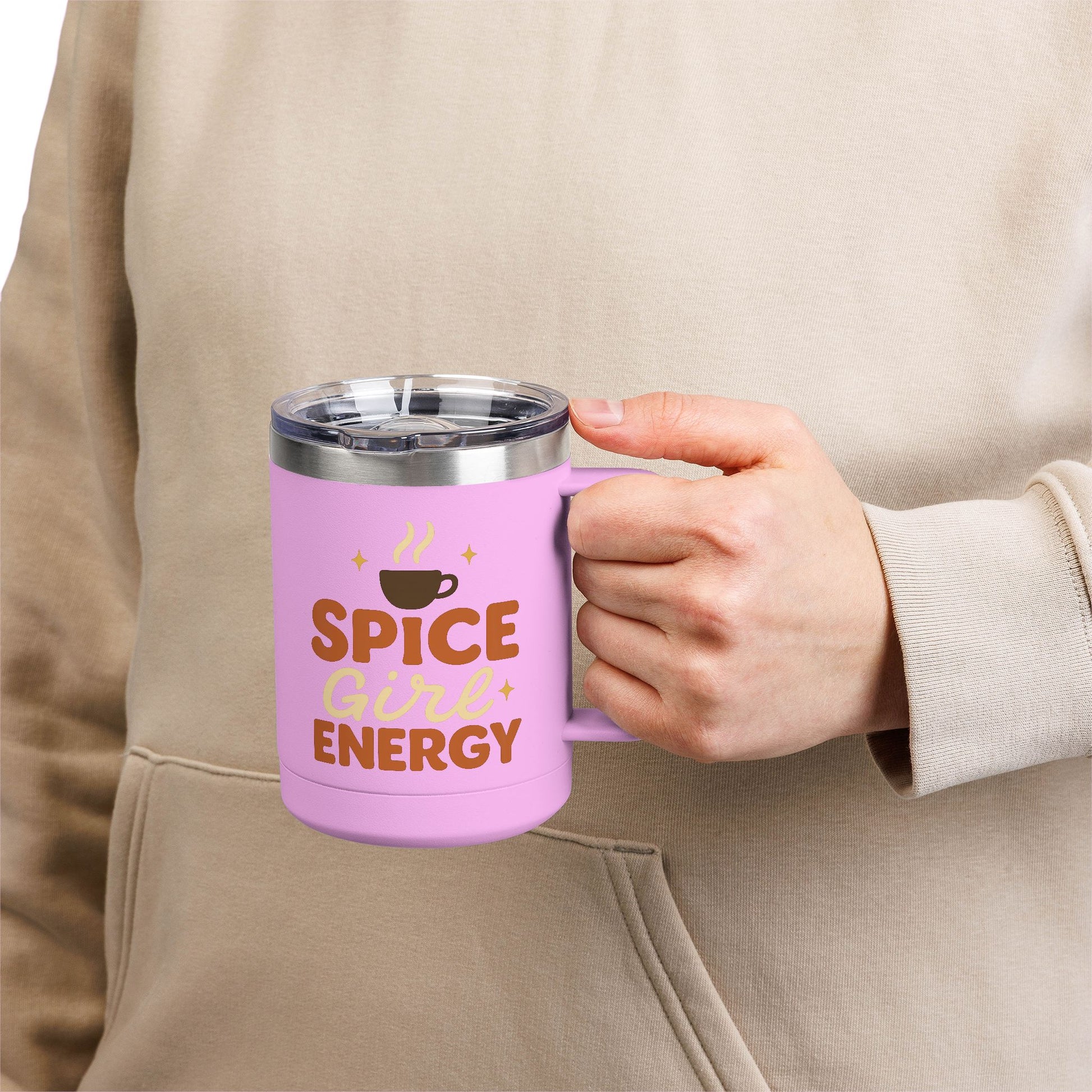 Person holding light purple “Spice Girl Energy” mug — durable insulated coffee cup for home, work, or on-the-go fall mornings.