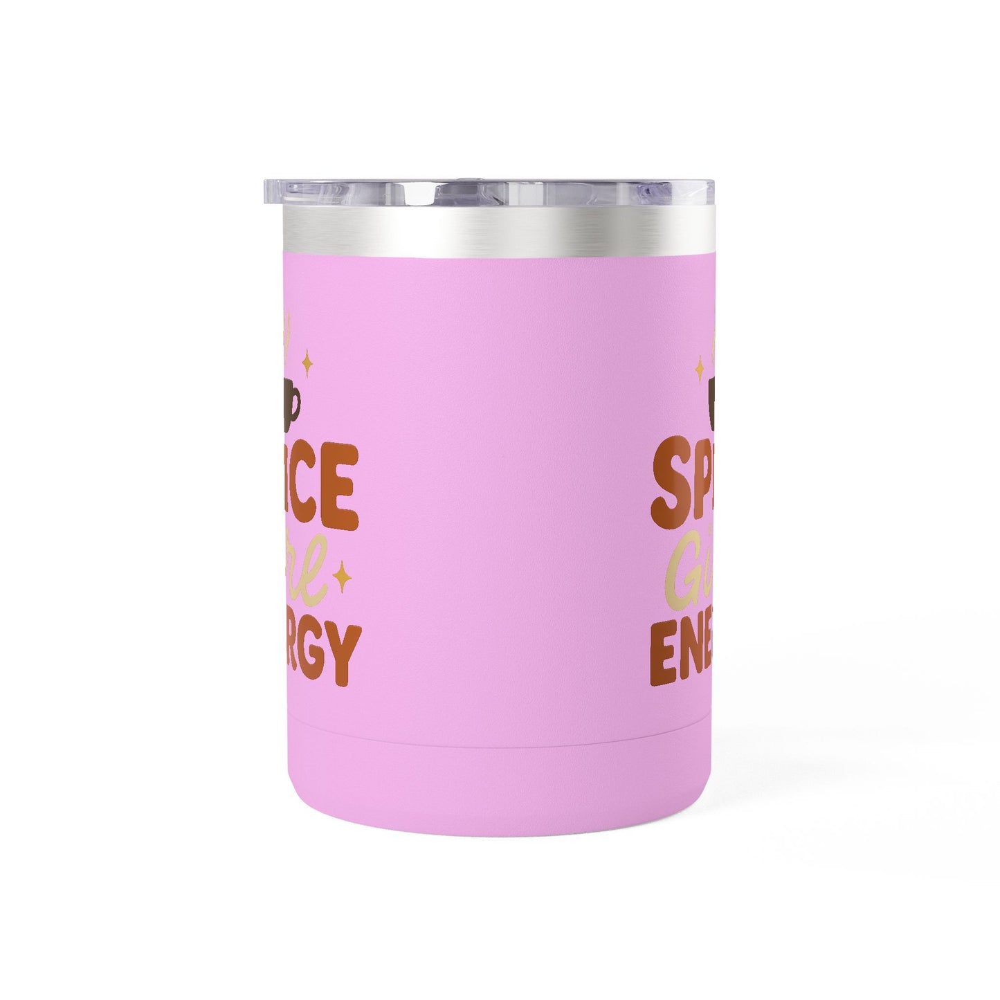 Light purple insulated mug with “Spice Girl Energy” retro text and coffee-cup design — cute fall drinkware for coffee enthusiasts.