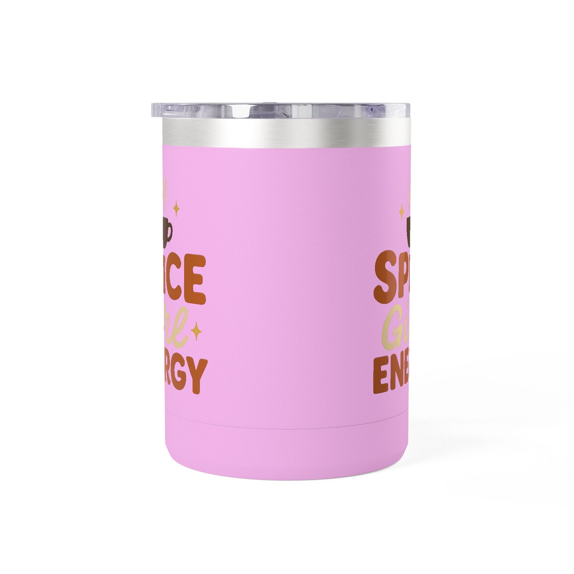 Light purple insulated mug with “Spice Girl Energy” retro text and coffee-cup design — cute fall drinkware for coffee enthusiasts.