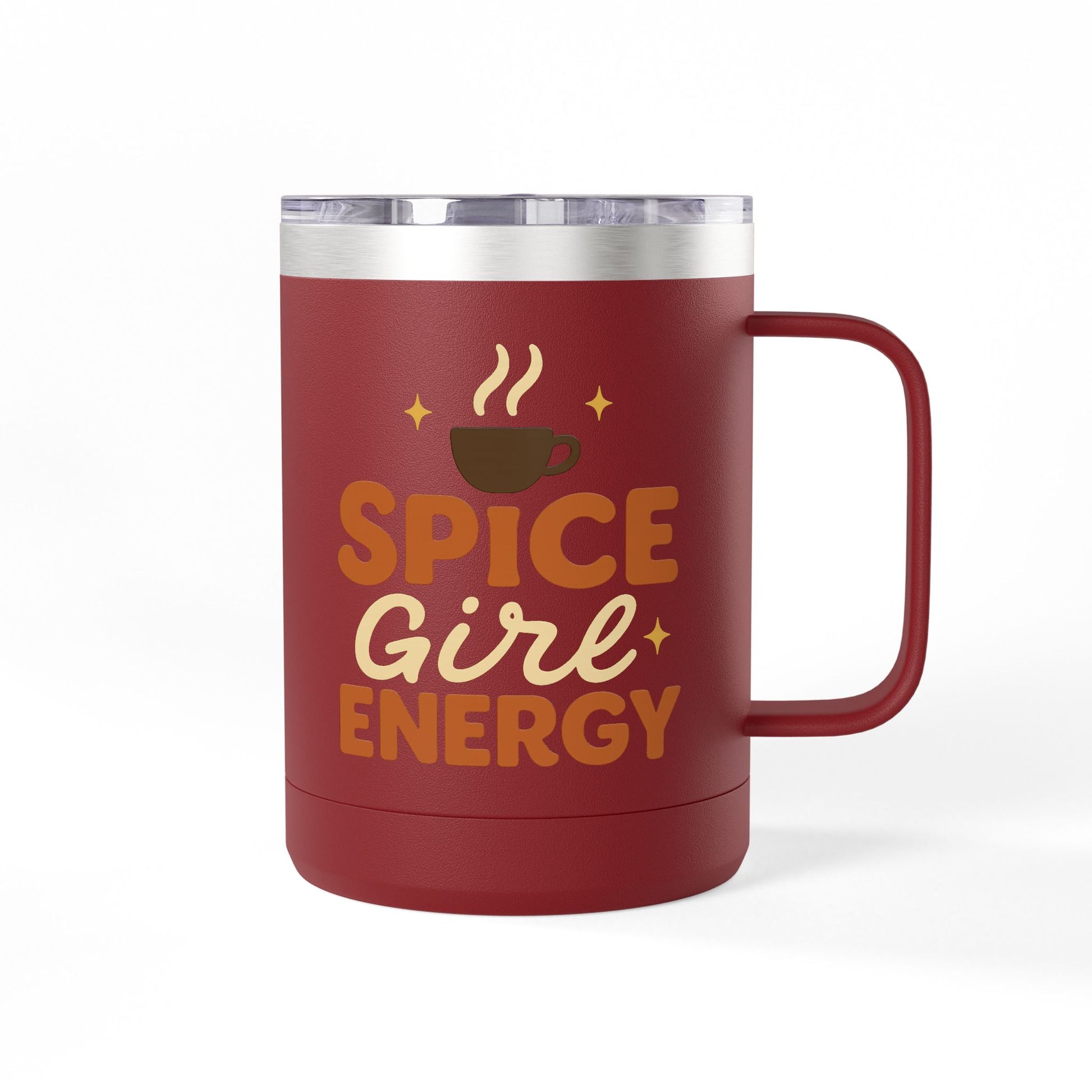 Maroon insulated coffee mug with “Spice Girl Energy” design — cozy fall mug with steaming cup graphic and retro typography.