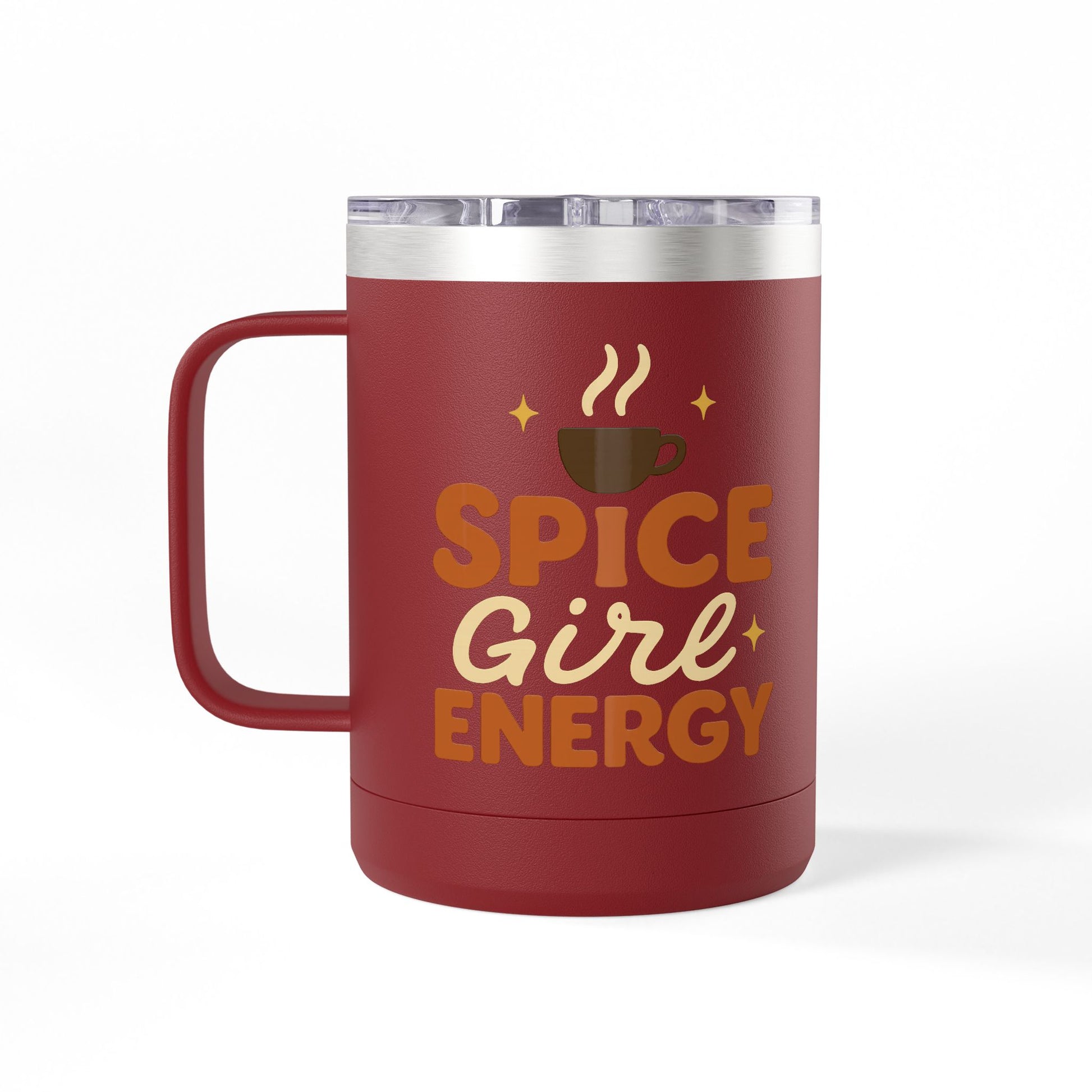 Front-facing maroon “Spice Girl Energy” insulated mug featuring coffee cup illustration and fall-inspired lettering — durable stainless mug.