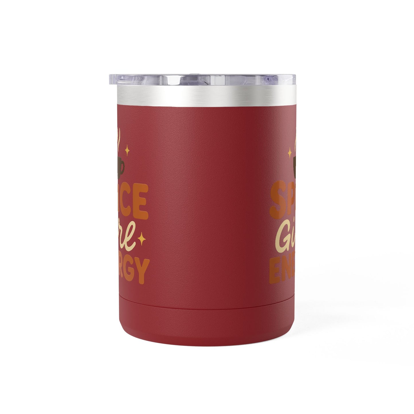 Maroon insulated coffee mug with “Spice Girl Energy” design — cozy fall mug with steaming cup graphic and retro typography.