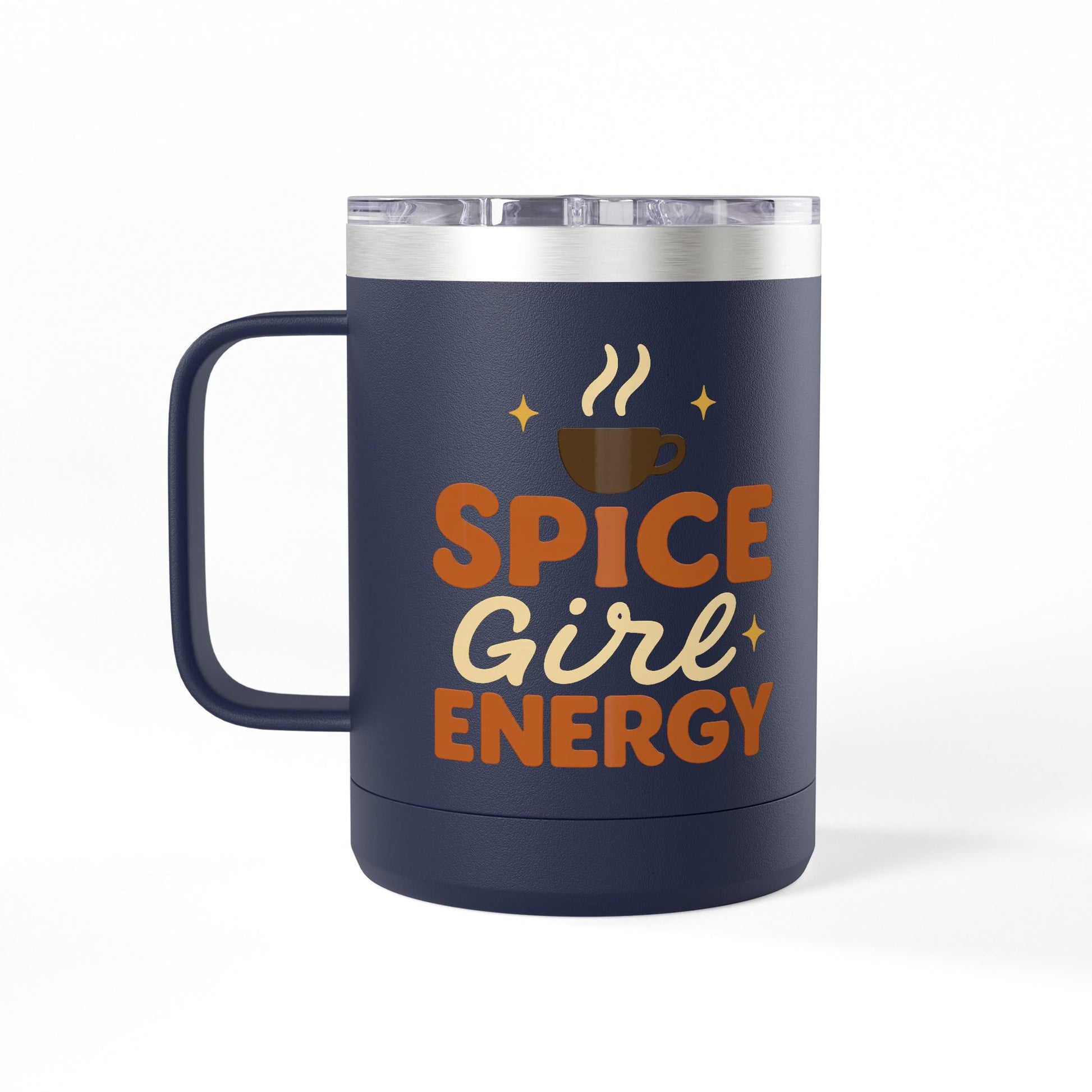 Front view of navy blue “Spice Girl Energy” insulated coffee mug with bold text and coffee graphic — stylish fall drinkware gift.