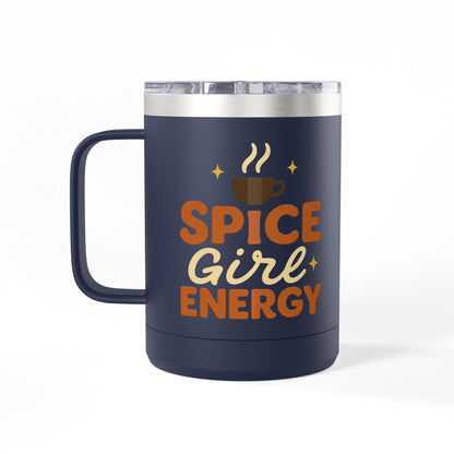 Front view of navy blue “Spice Girl Energy” insulated coffee mug with bold text and coffee graphic — stylish fall drinkware gift.
