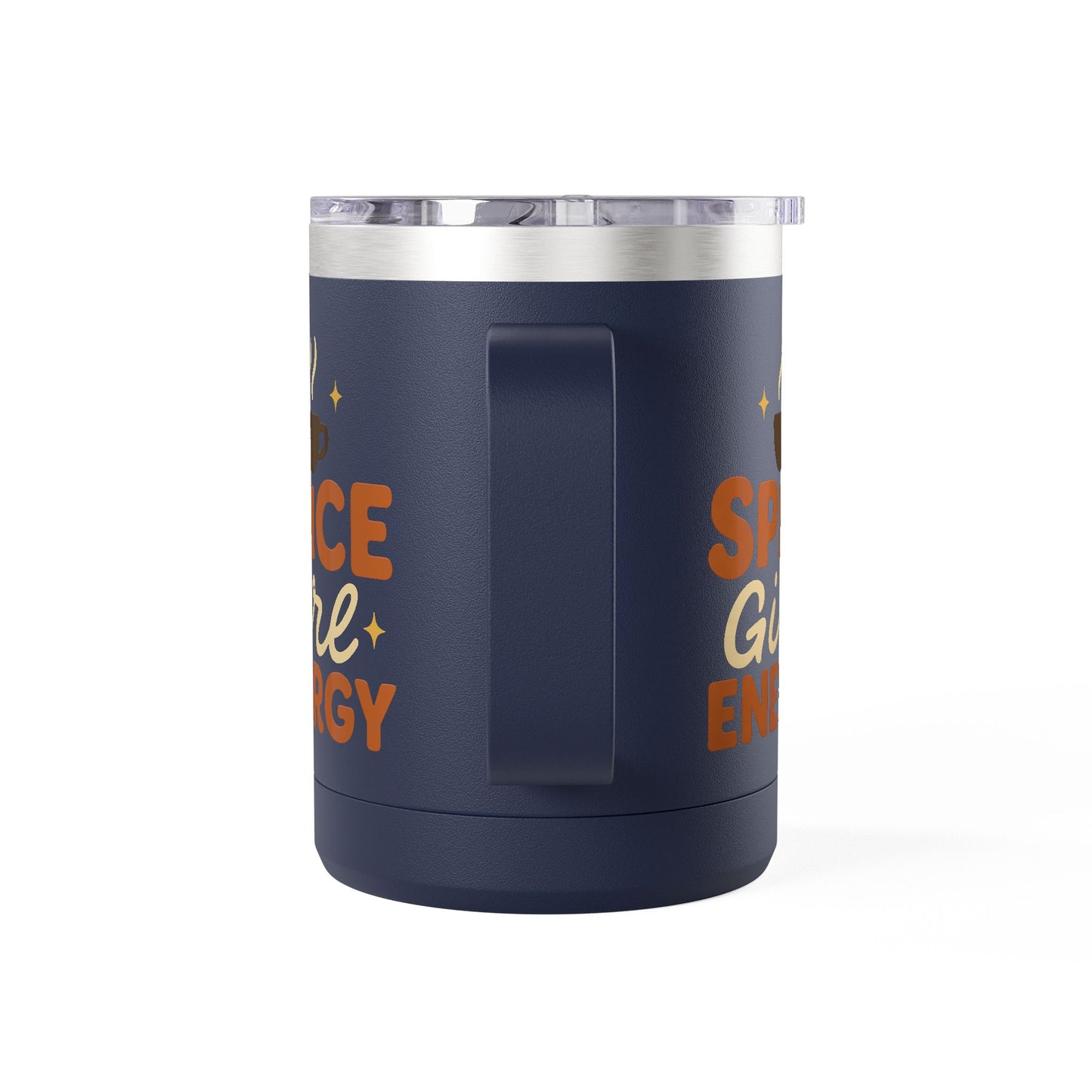 Side view of navy blue “Spice Girl Energy” mug showing handle and coffee-cup artwork — perfect cozy insulated mug for everyday use.