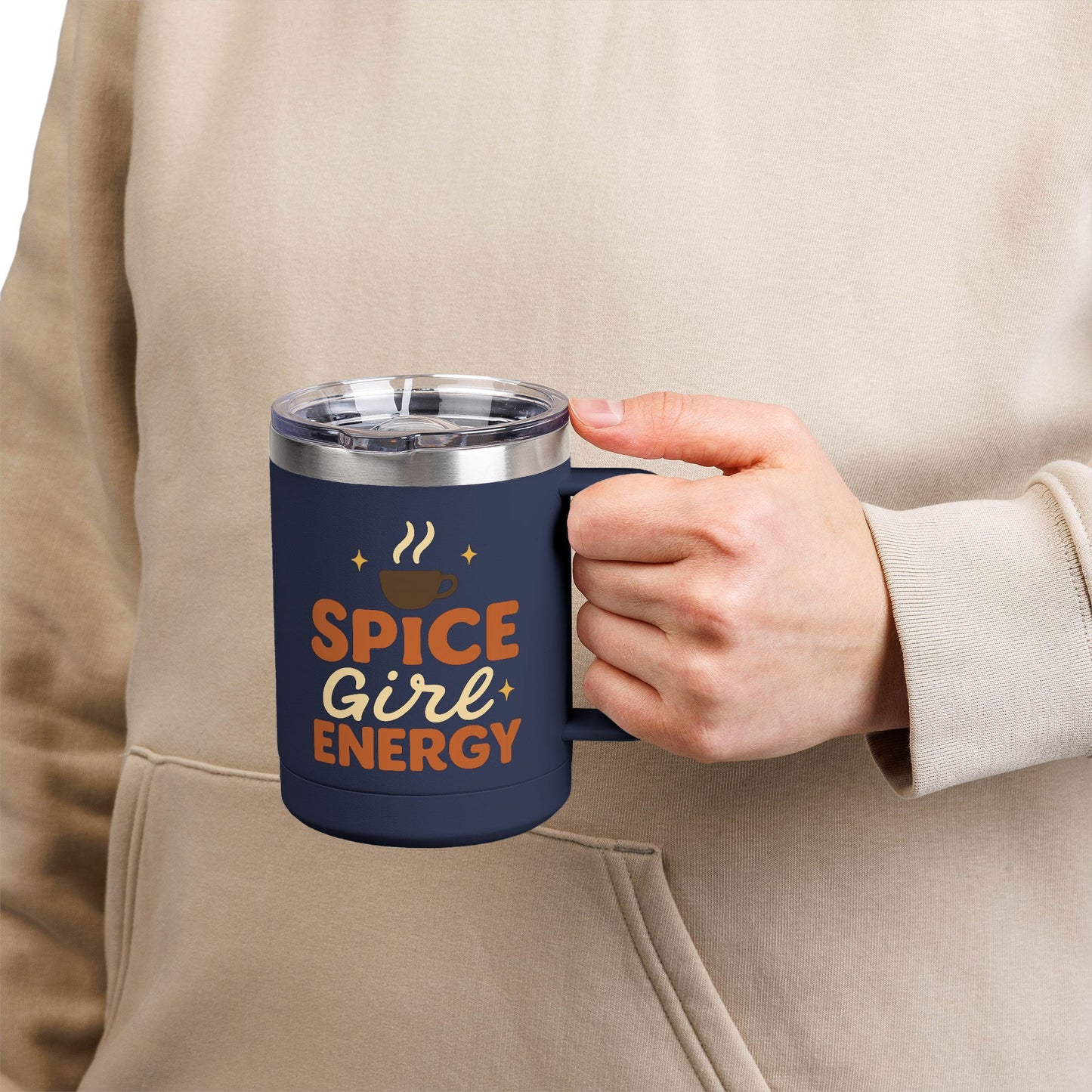 Person holding navy “Spice Girl Energy” insulated mug — warm and durable coffee cup for fall mornings and pumpkin spice lovers.