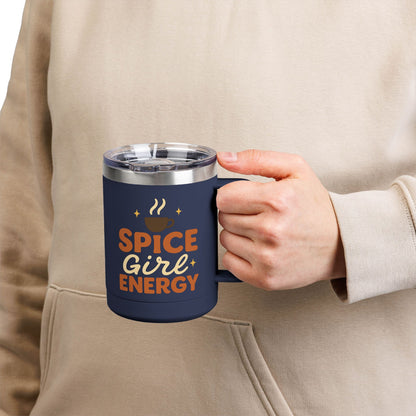 Person holding navy “Spice Girl Energy” insulated mug — warm and durable coffee cup for fall mornings and pumpkin spice lovers.