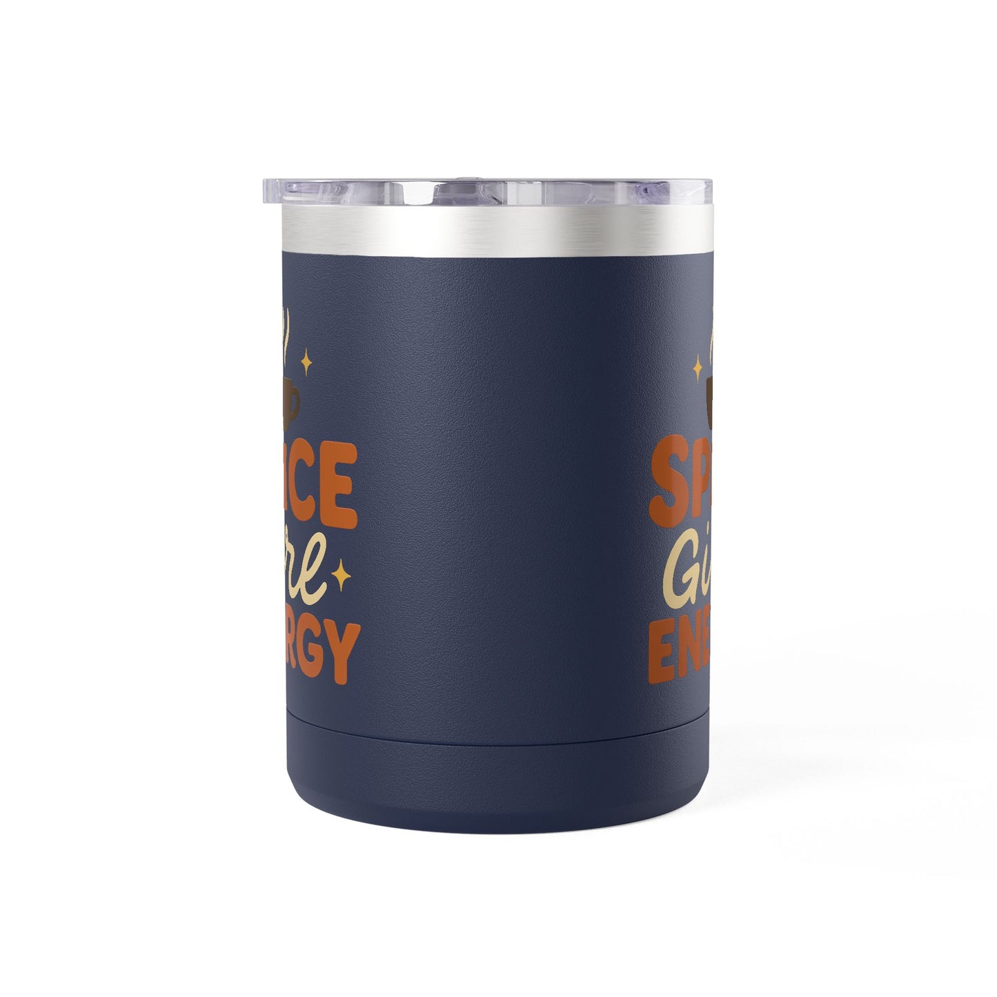 Navy blue insulated mug with “Spice Girl Energy” retro design — stainless-steel fall mug for coffee, tea, and pumpkin spice drinks.