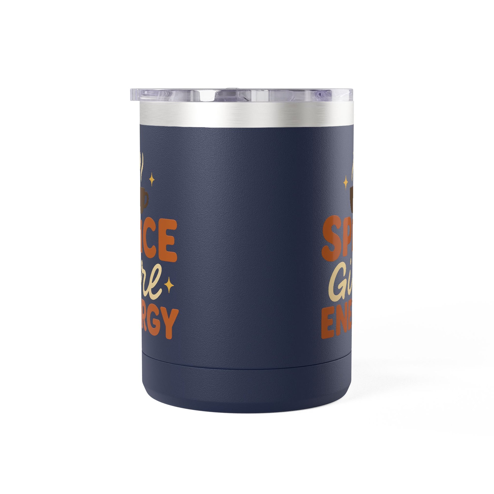Navy blue insulated mug with “Spice Girl Energy” retro design — stainless-steel fall mug for coffee, tea, and pumpkin spice drinks.
