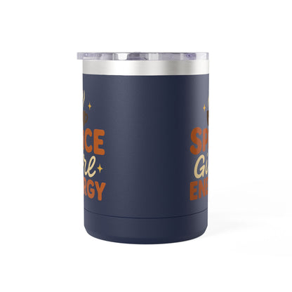 Navy blue insulated mug with “Spice Girl Energy” retro design — stainless-steel fall mug for coffee, tea, and pumpkin spice drinks.