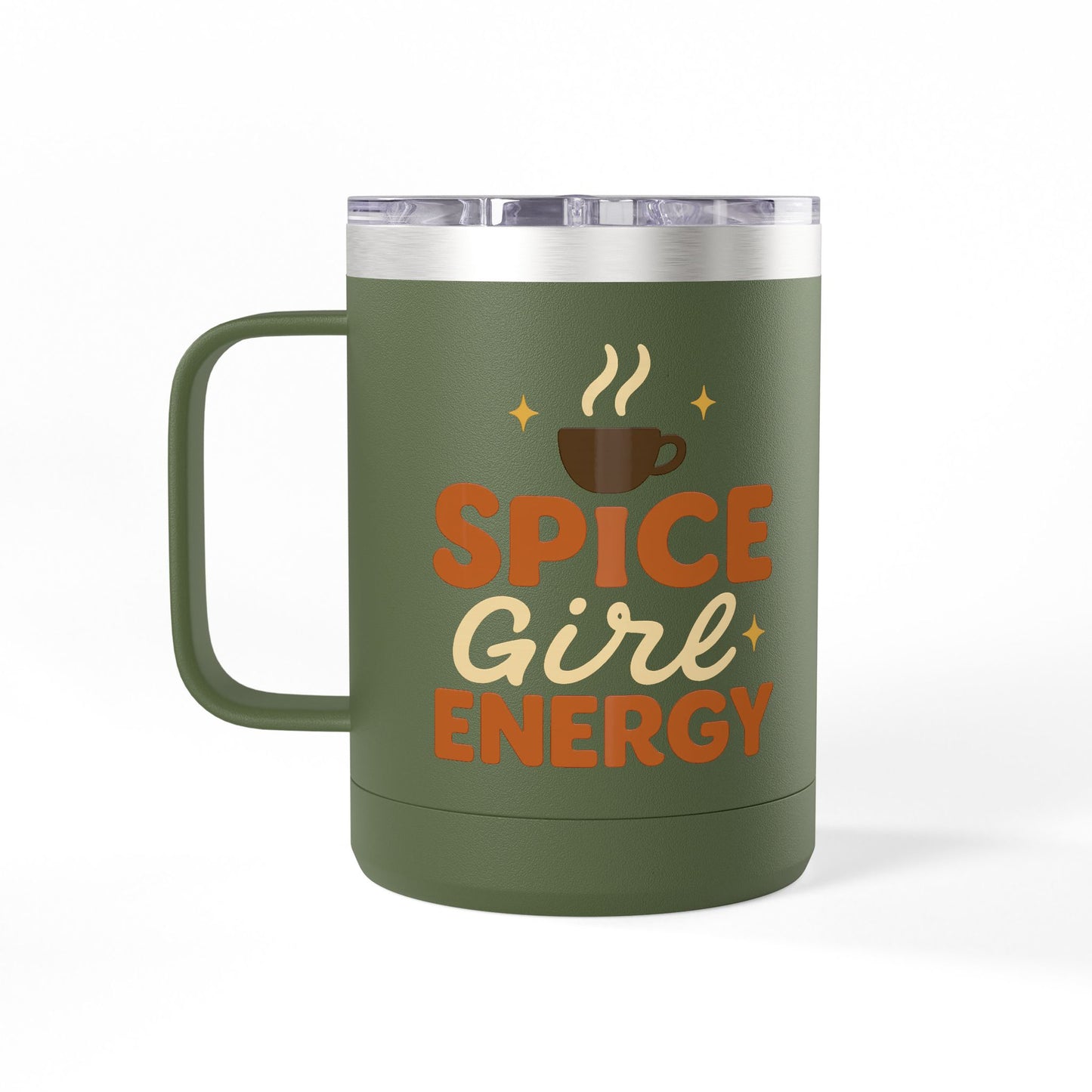 Front-facing olive green “Spice Girl Energy” insulated mug featuring retro typography and coffee art — durable fall drinkware.