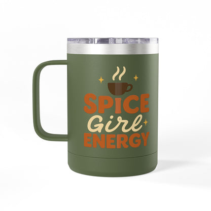 Front-facing olive green “Spice Girl Energy” insulated mug featuring retro typography and coffee art — durable fall drinkware.