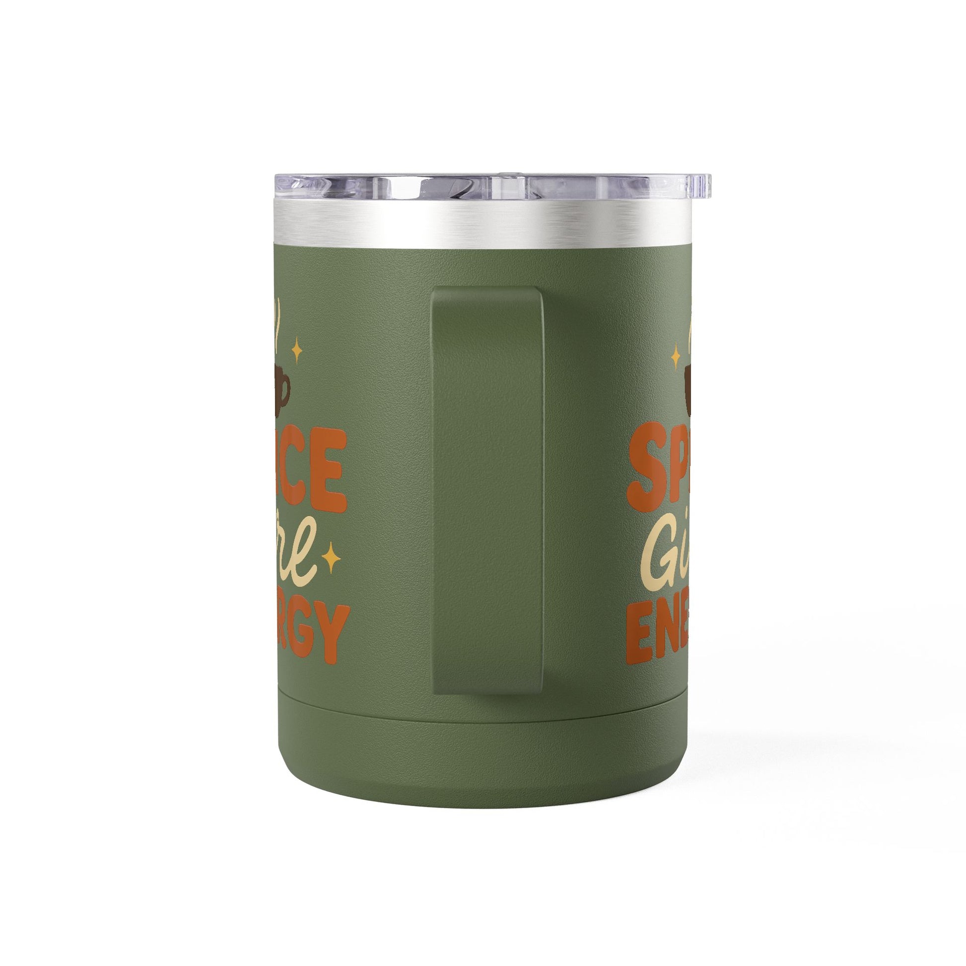 Side view of olive green “Spice Girl Energy” insulated mug showing durable handle and vintage lettering — reusable stainless steel cup.