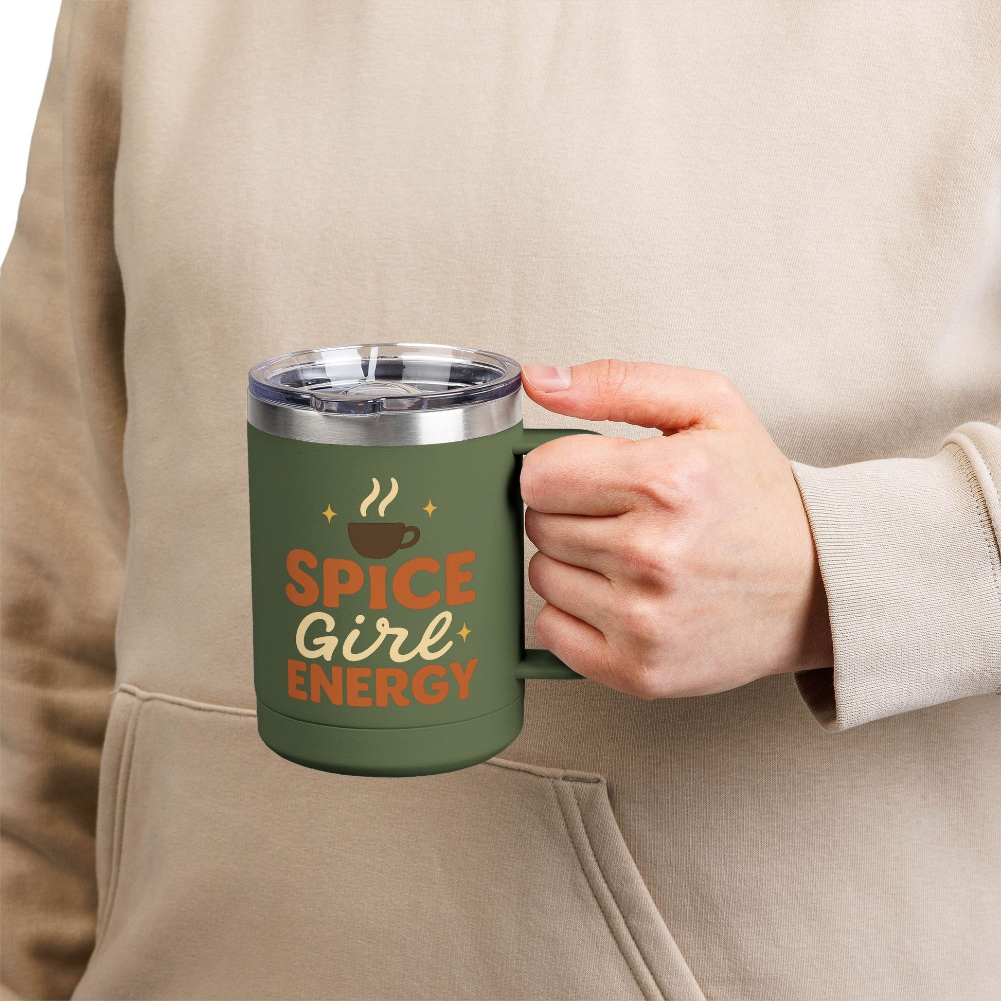Person holding olive green “Spice Girl Energy” insulated mug — fall coffee mug perfect for lattes, cocoa, or pumpkin spice drinks.