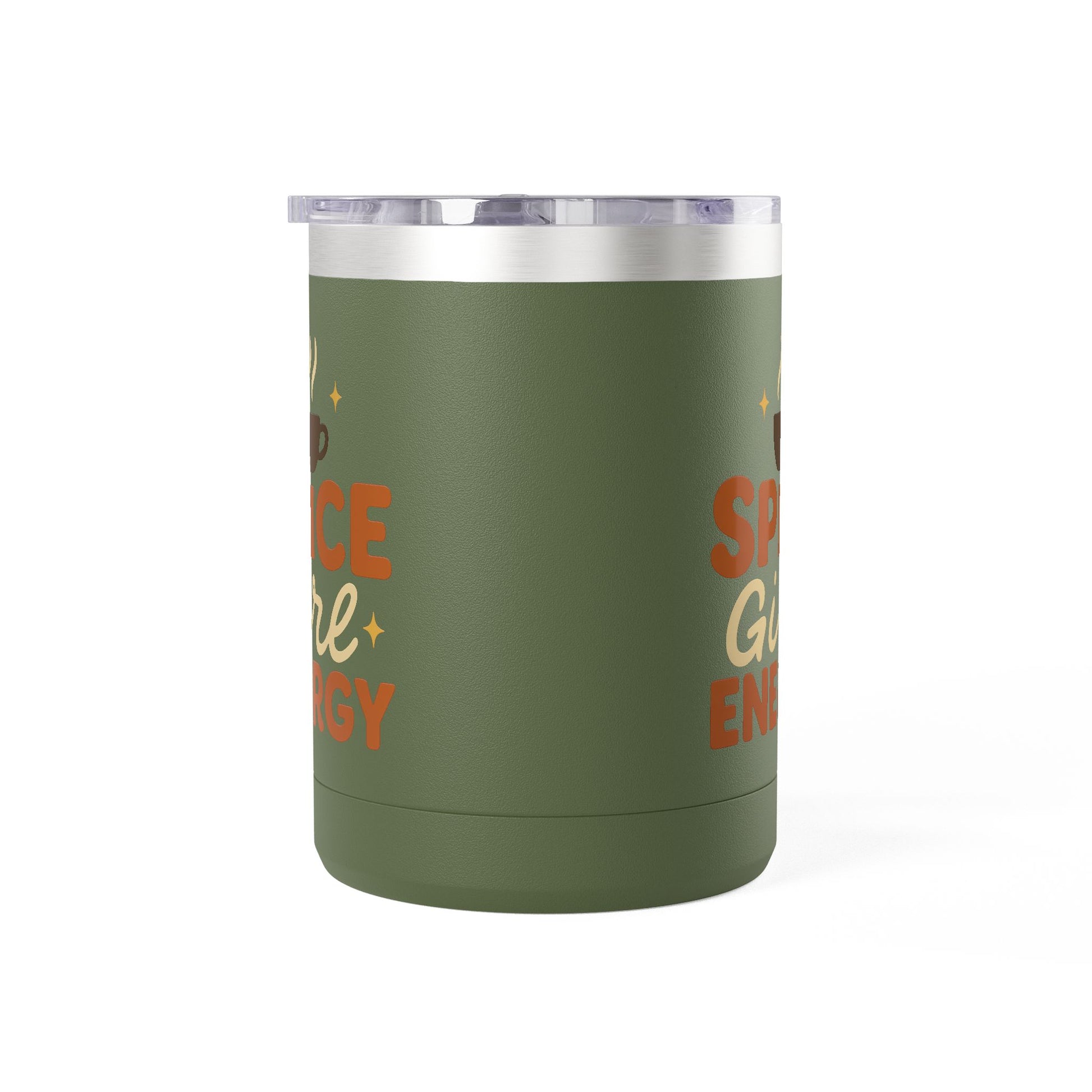 Olive green insulated coffee mug with “Spice Girl Energy” text and steaming cup graphic — cozy fall mug for coffee and tea lovers.
