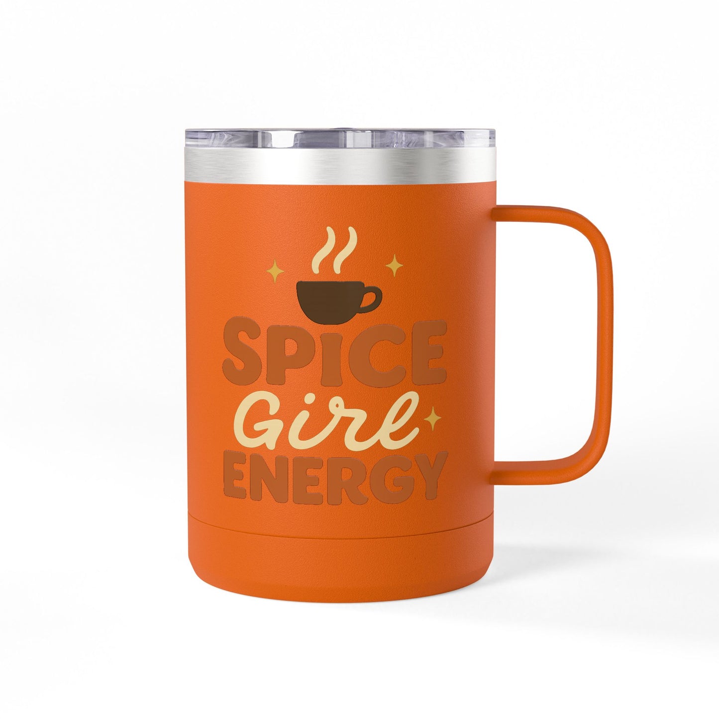 Orange insulated coffee mug with “Spice Girl Energy” text and steaming cup design — vibrant autumn drinkware for pumpkin spice and latte lovers.