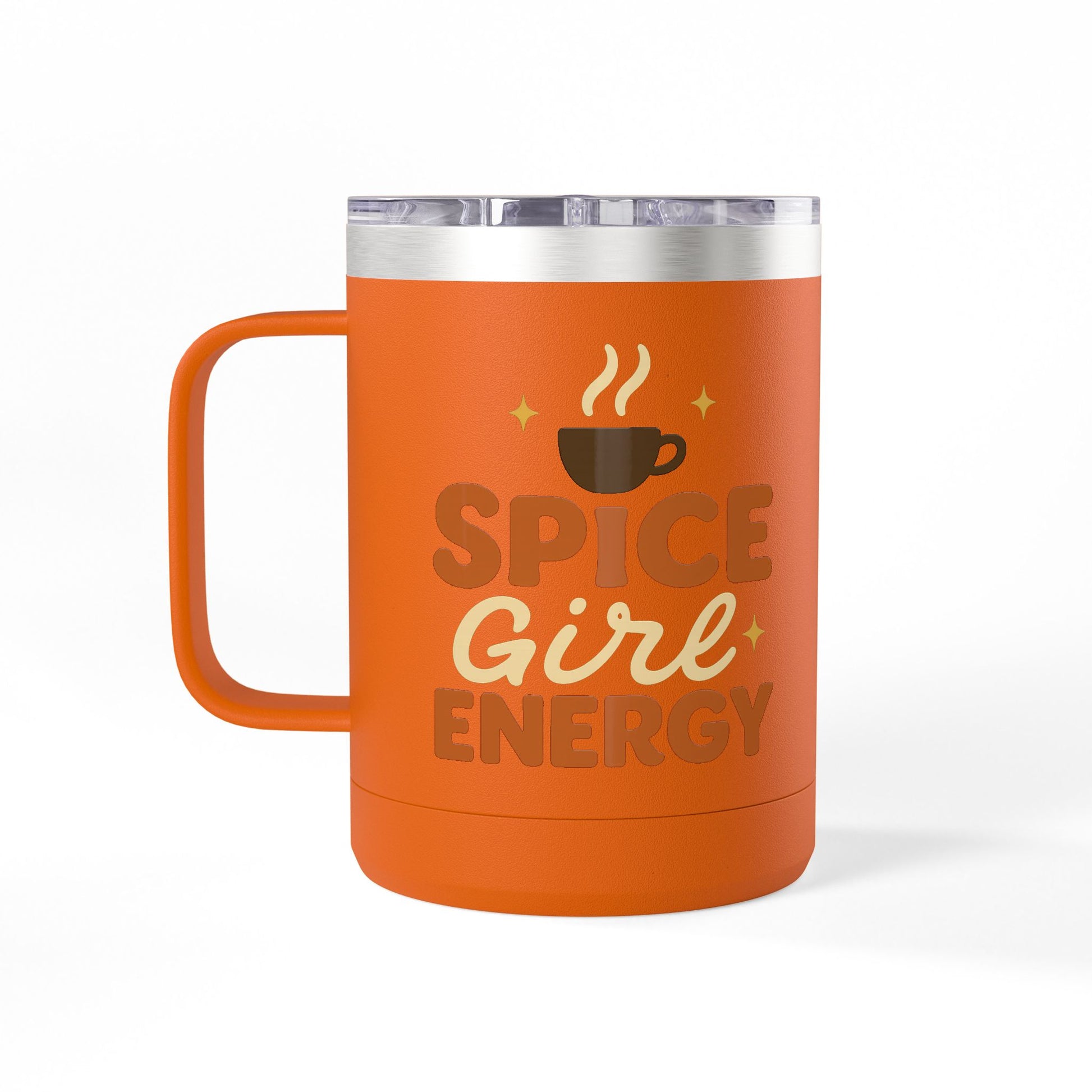 Front-facing orange “Spice Girl Energy” insulated mug with coffee icon and vintage lettering — bold fall mug for daily motivation.