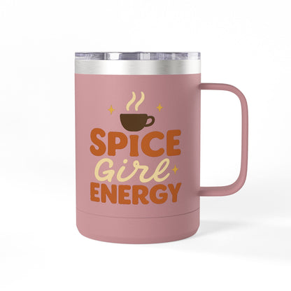 Pink insulated coffee mug with “Spice Girl Energy” text and coffee-cup design — cozy double-wall mug for fall coffee lovers.