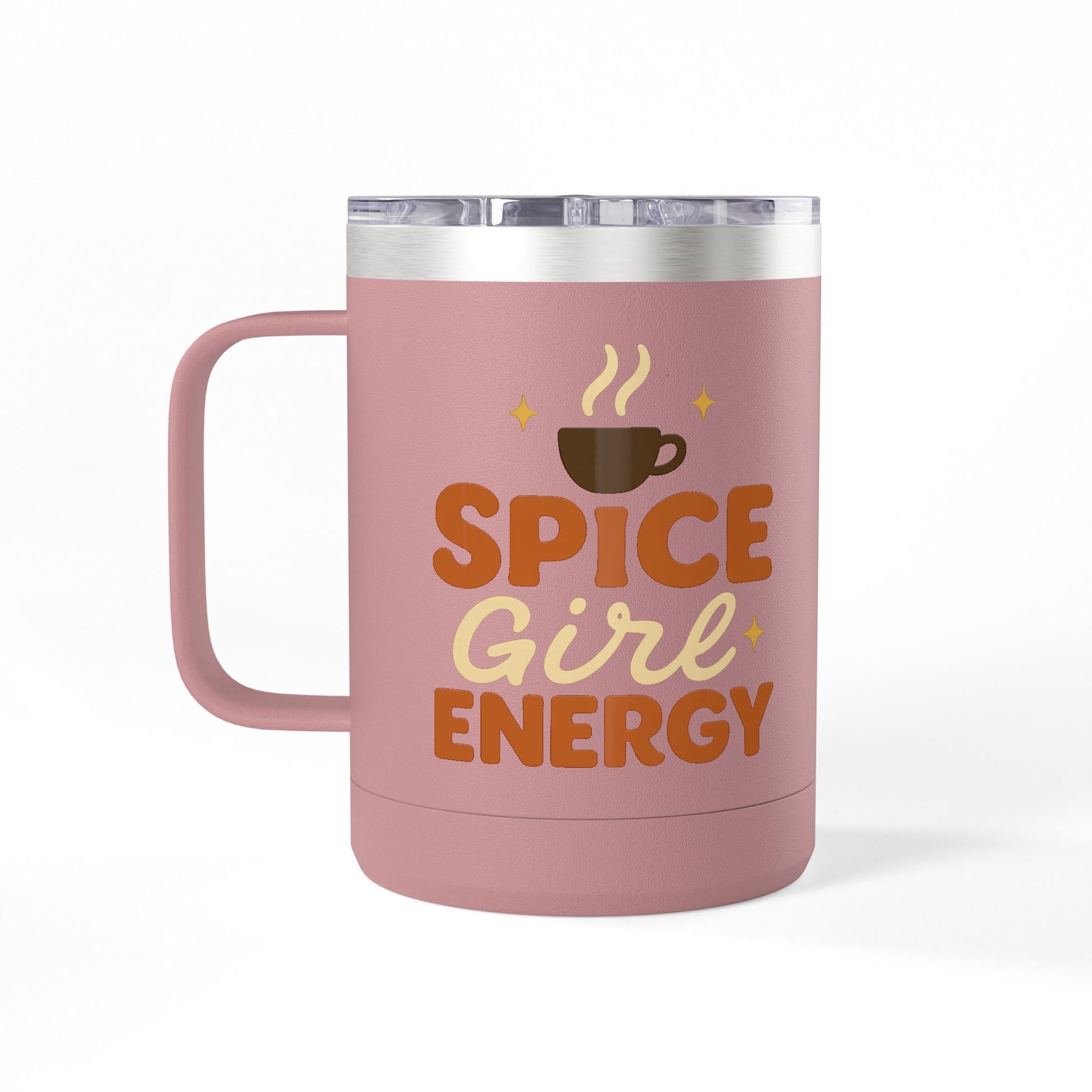 Front view of pink “Spice Girl Energy” mug featuring bold retro lettering and coffee icon — insulated travel cup for hot drinks.