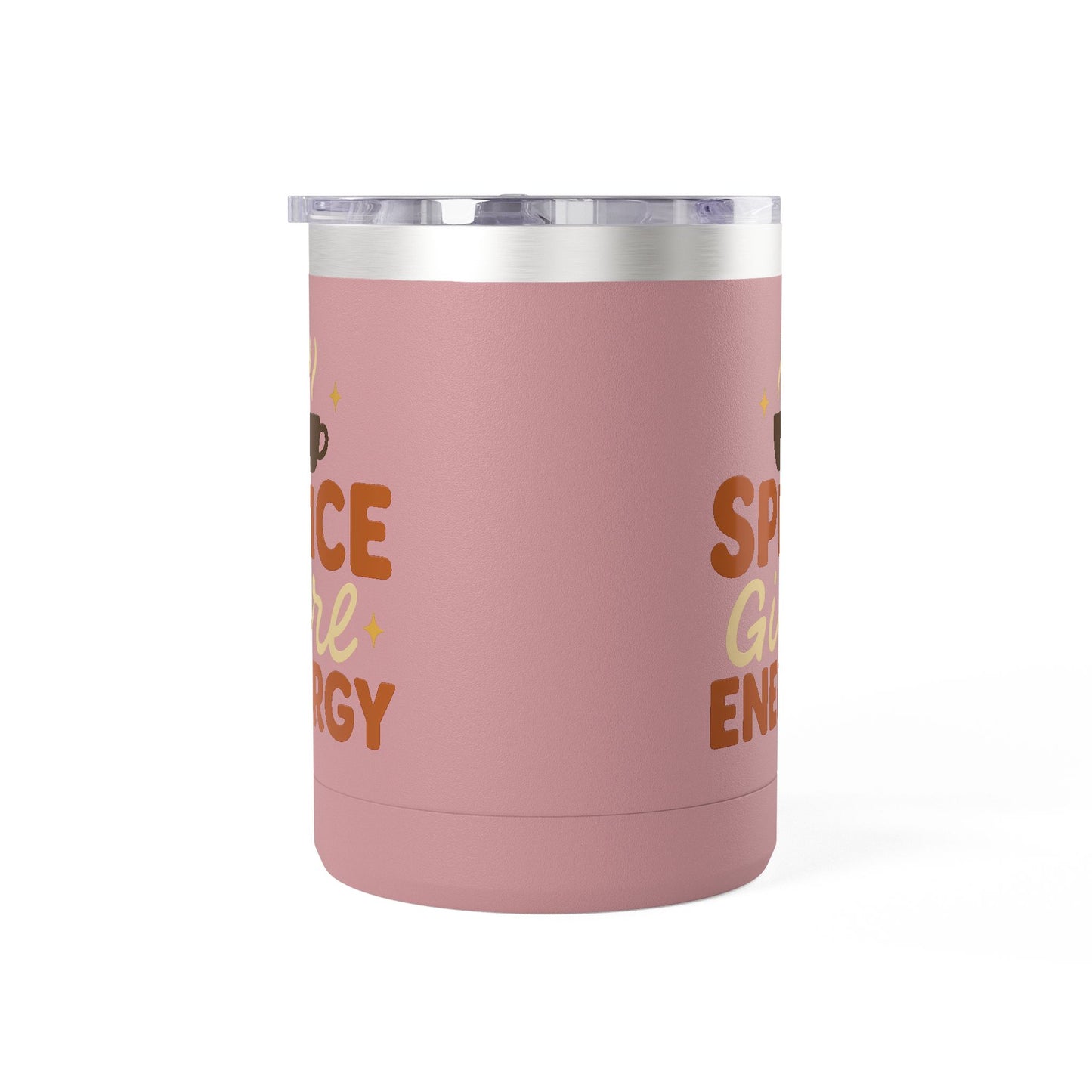 Pink insulated coffee mug with “Spice Girl Energy” text and coffee-cup design — cozy double-wall mug for fall coffee lovers.