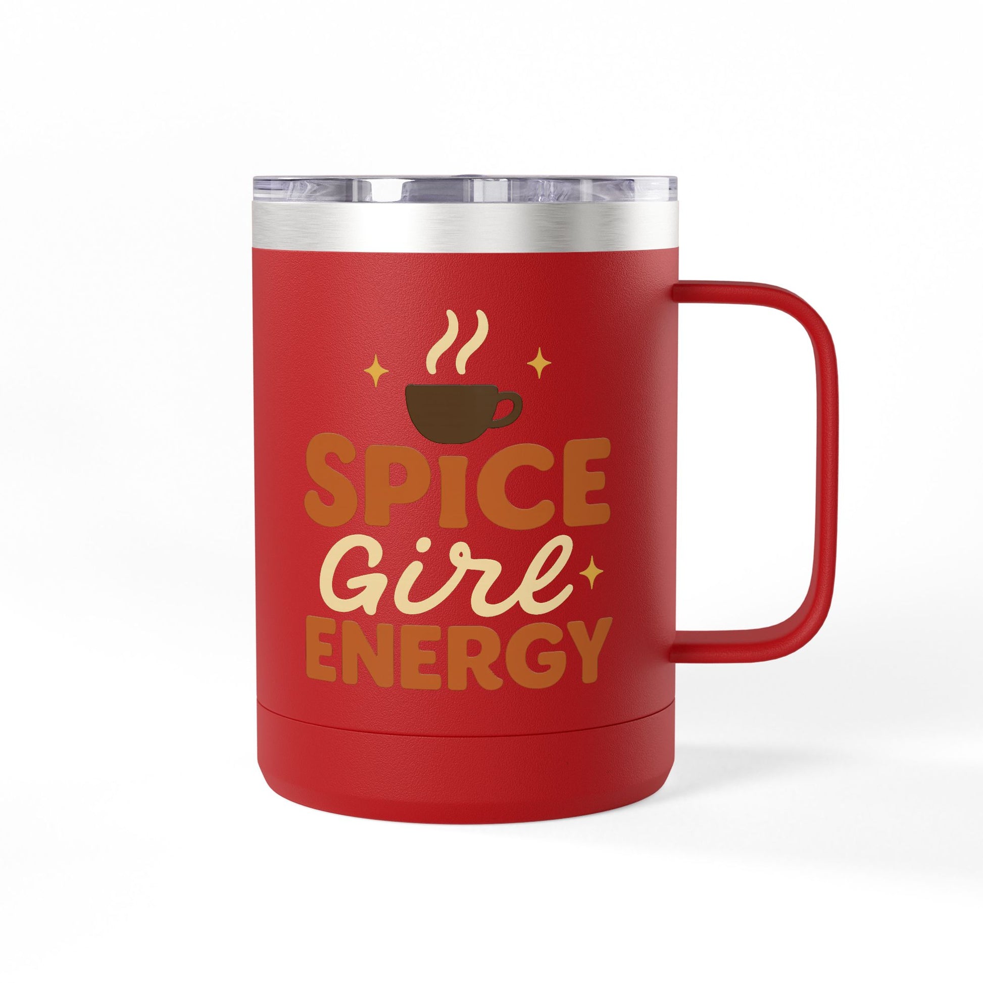 Red insulated coffee mug with “Spice Girl Energy” design — bold stainless steel mug featuring steaming cup and fall-inspired typography.