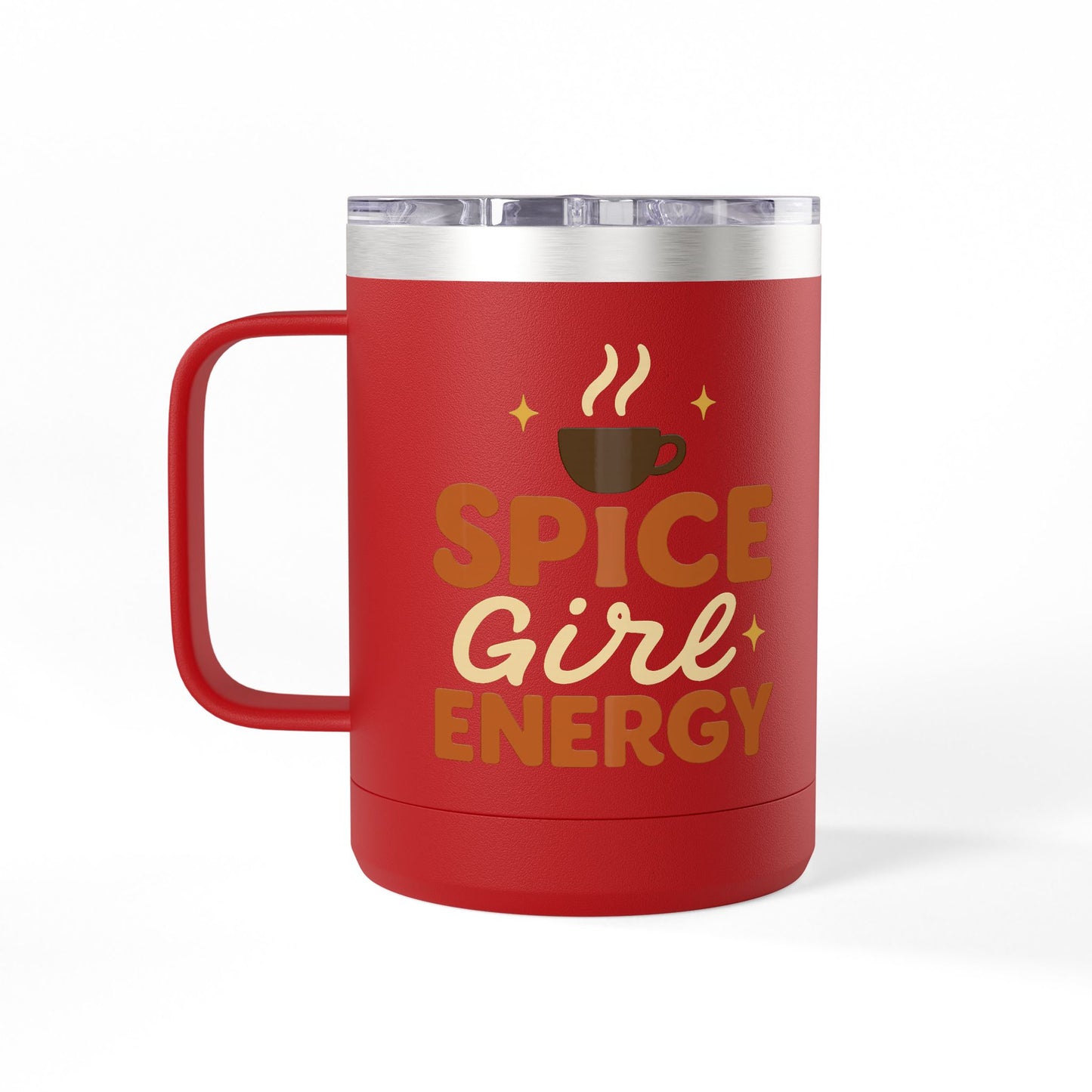 Front-facing red “Spice Girl Energy” insulated mug with coffee cup and star accents — perfect cozy fall coffee mug.