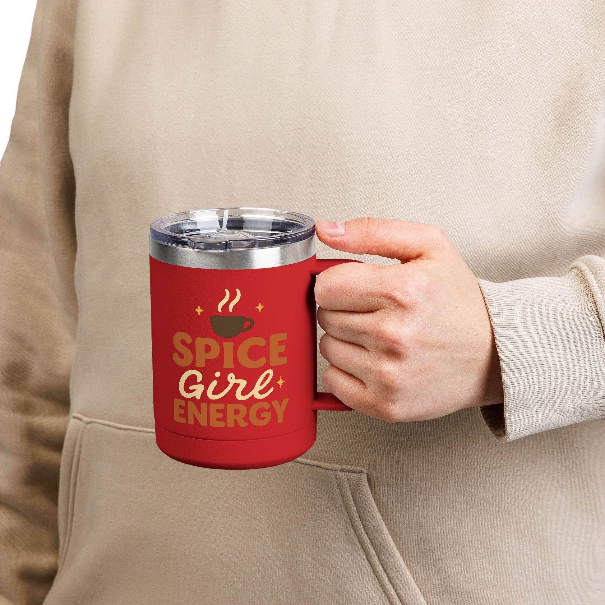 Person holding red “Spice Girl Energy” insulated mug — festive insulated coffee mug ideal for pumpkin spice and latte lovers.