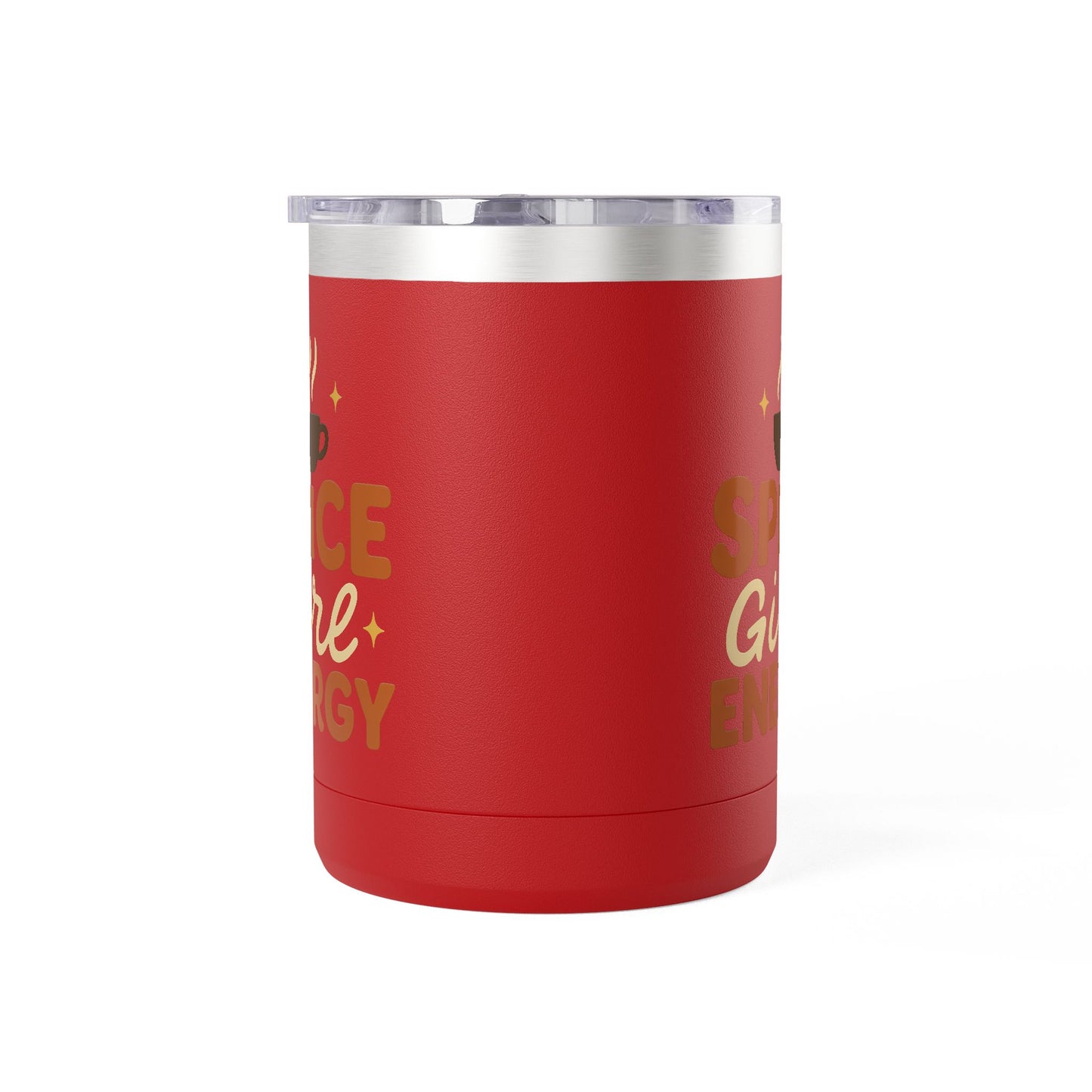 Red insulated coffee mug with “Spice Girl Energy” design — bold stainless steel mug featuring steaming cup and fall-inspired typography.