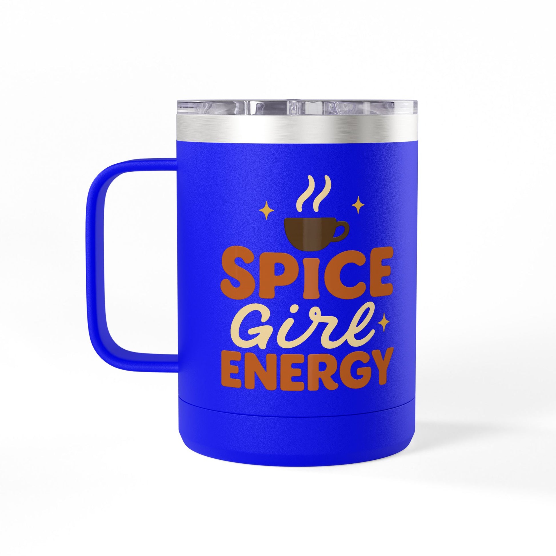 Royal blue insulated mug with “Spice Girl Energy” text and coffee-cup icon — fun fall drinkware for coffee, tea, and cocoa.