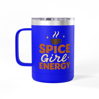Royal blue insulated mug with “Spice Girl Energy” text and coffee-cup icon — fun fall drinkware for coffee, tea, and cocoa.