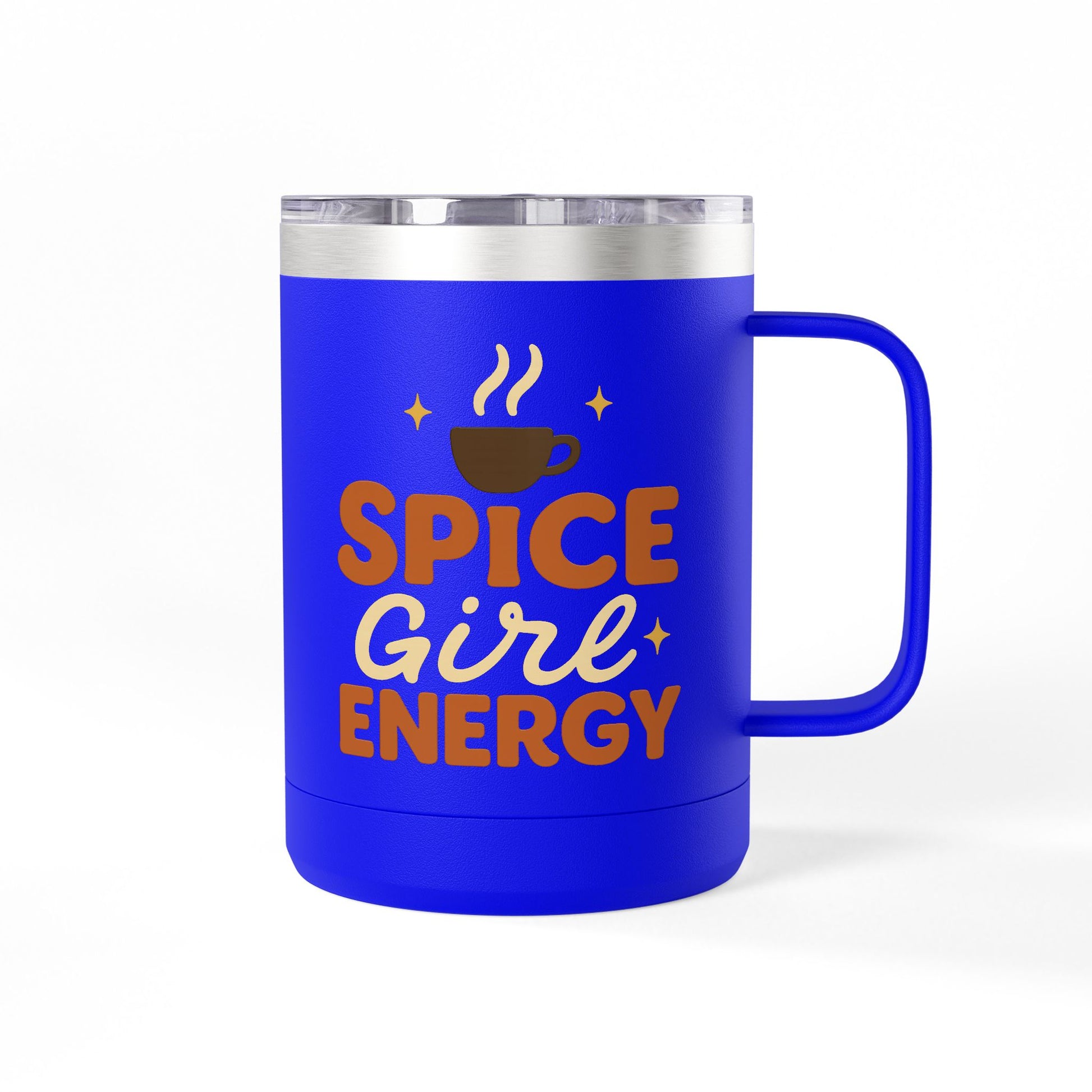 Front-facing royal blue “Spice Girl Energy” mug with bold lettering and steaming coffee design — insulated cup for warm drinks.