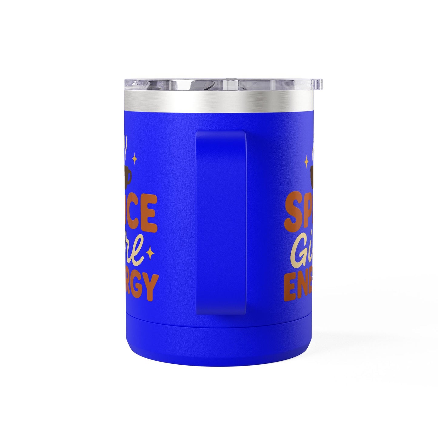 Side view of royal blue “Spice Girl Energy” insulated mug showing sturdy handle and glossy finish — perfect cozy fall coffee cup.