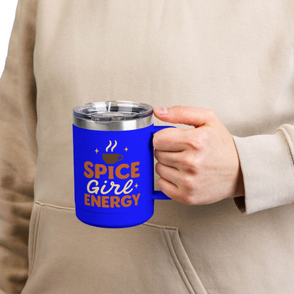 Person holding royal blue “Spice Girl Energy” insulated mug with retro coffee design — bold stainless-steel mug for coffee lovers.