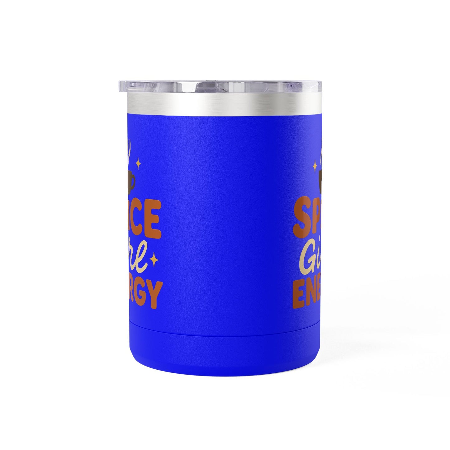 Royal blue insulated mug with “Spice Girl Energy” text and coffee-cup icon — fun fall drinkware for coffee, tea, and cocoa.