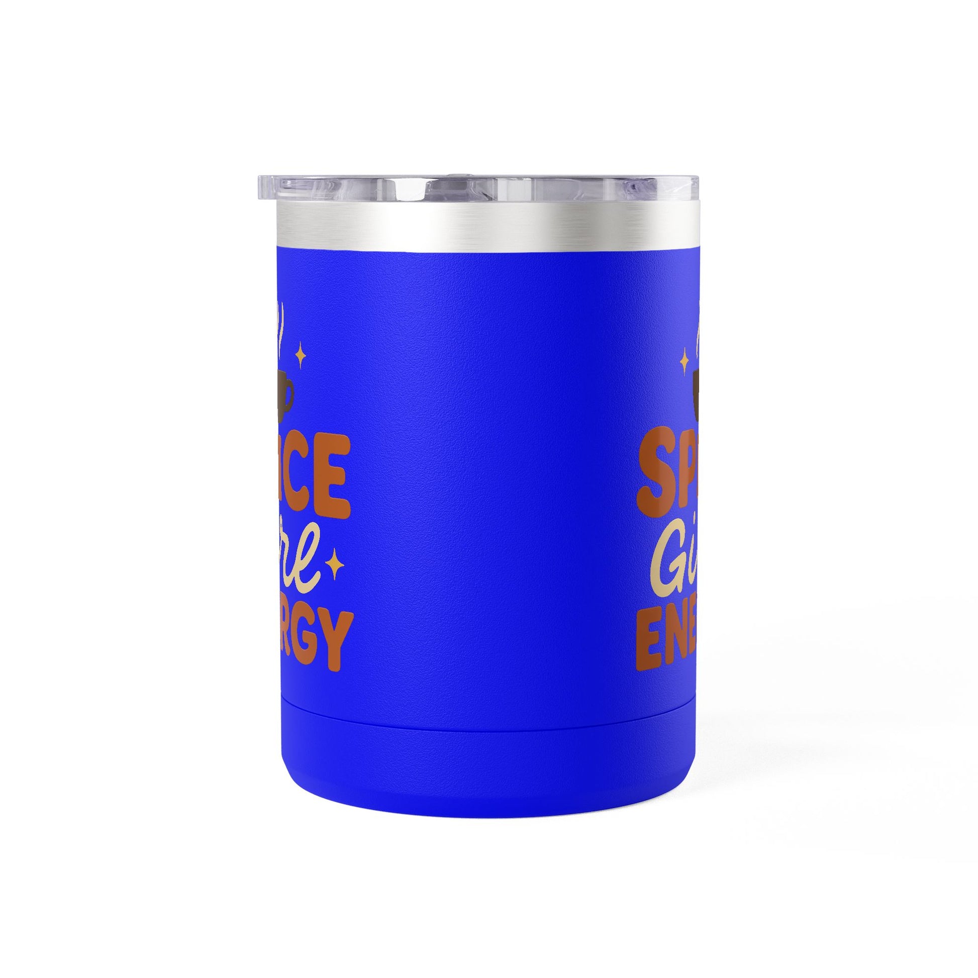 Royal blue insulated mug with “Spice Girl Energy” text and coffee-cup icon — fun fall drinkware for coffee, tea, and cocoa.