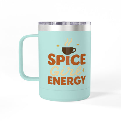 Teal insulated coffee mug with “Spice Girl Energy” retro lettering and steaming coffee art — cute stainless-steel cup for daily use.